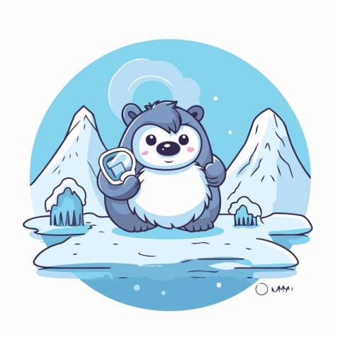 Cute cartoon panda bear on the ice. Vector illustration.