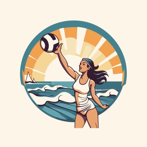 Woman playing volleyball on the beach. Vector illustration in re