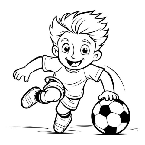 Cartoon Soccer Player Running with Ball - Black and White Illust