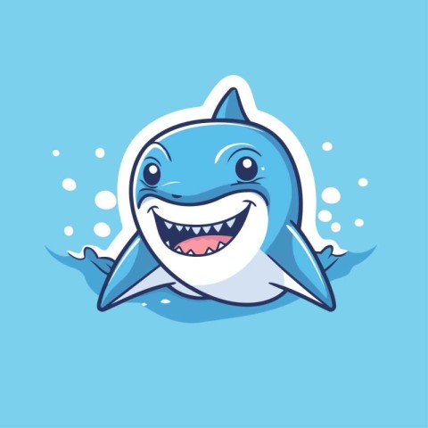 Cute shark cartoon character isolated on blue background. Vector