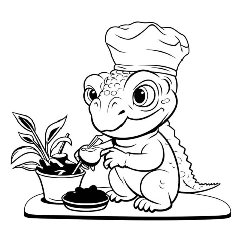 Cute Crocodile Chef Coloring Page Outline Isolated on White Back