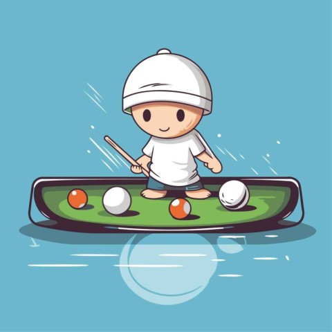 Cartoon boy playing billiards. Vector illustration for your desi