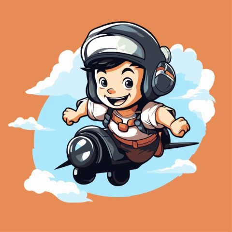 Little boy flying in the sky with pilot helmet. Vector illustrat