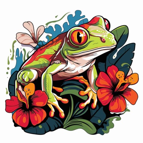 Frog and flowers. Hand drawn vector illustration on white backgr