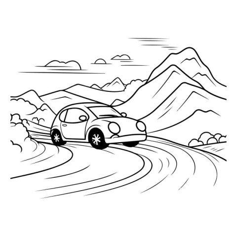 Car on the road with mountains in the background. Vector illustr