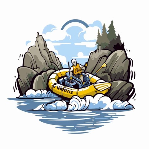 Vector illustration of a man in an inflatable boat on the river.