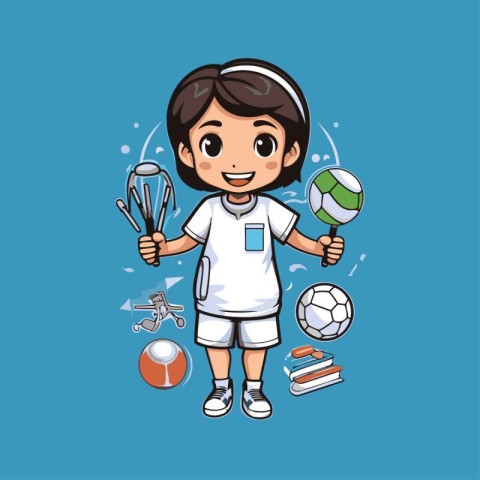 Cartoon boy soccer player holding a ball and a racket. Vector il