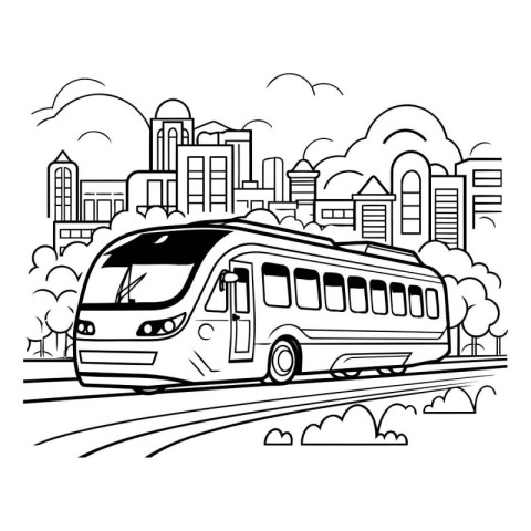 Bus on the city street. Vector illustration in black and white.