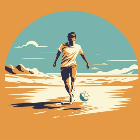 Soccer player with ball on the beach. Vector illustration in ret