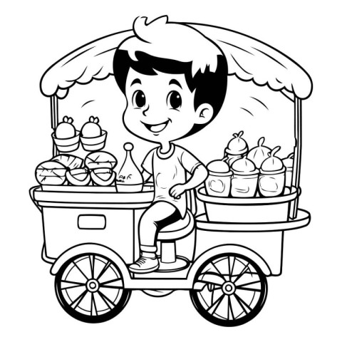 Boy riding a tuk tuk cart. black and white vector illustration.