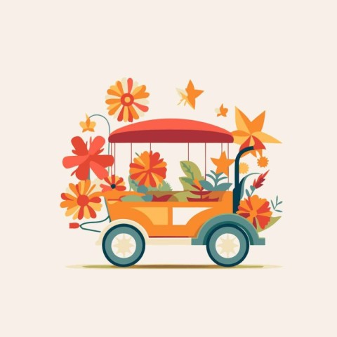 Flowers in a tuk-tuk. Flat vector illustration.