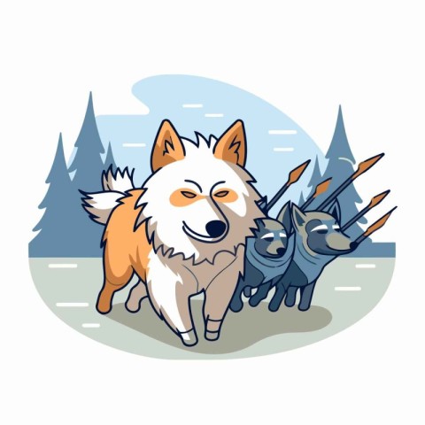 Samoyed dog running in the forest. Cartoon vector illustration.