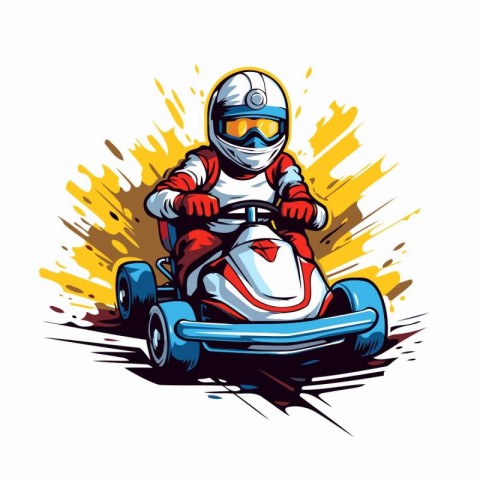 Cartoon karting driver on race track. Vector illustration.