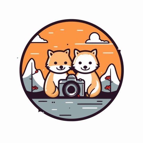 Cute cartoon foxes with camera in the park. Vector illustration.