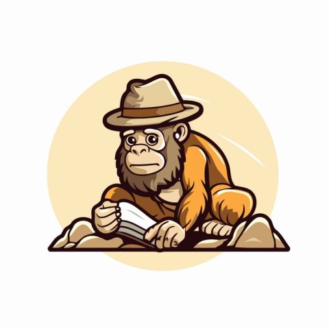 Gorilla with hat reading a book. Vector illustration for your de