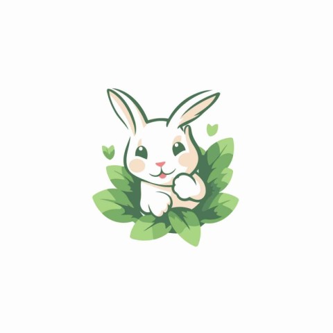 Cute little bunny with green leaves. Vector illustration on whit