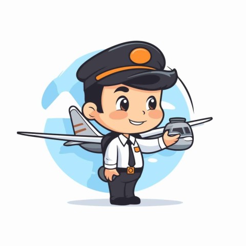 Cute pilot with airplane and airplane. Vector cartoon character