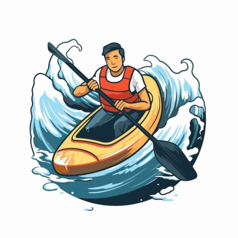 Kayak icon. Vector illustration of a man paddling a kayak on a w