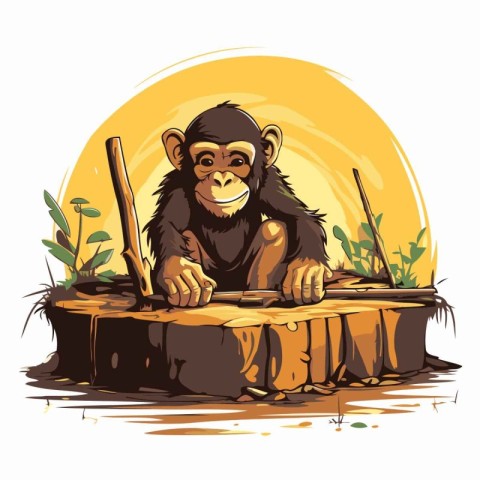 Monkey sitting on the stump in the jungle. Vector illustration.