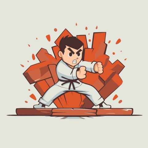 Karate man fighting with bricks. Vector illustration in cartoon