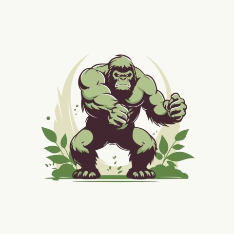 Gorilla with green leaves. Vector illustration of a strong goril