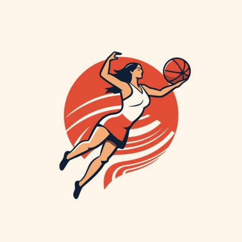 Female basketball player jumping with ball in hand. vector illus