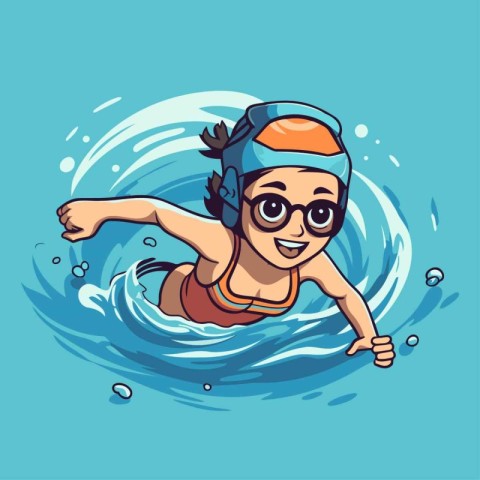 Vector illustration of a girl swimming in the pool. Cartoon styl