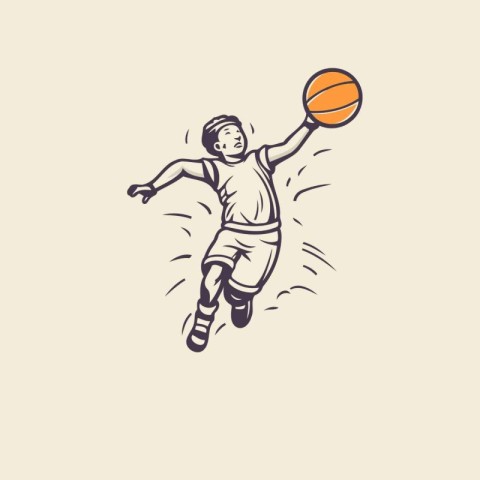 Basketball player jumping with ball. vector illustration in retr