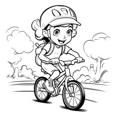 Cute little girl riding a bike - black and white vector illustra