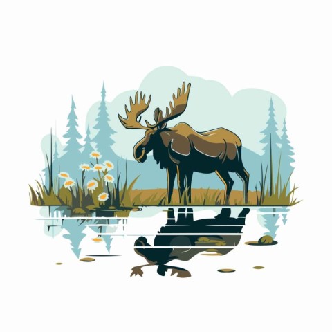 Vector illustration of a moose in the swamp. Mountain landscape.