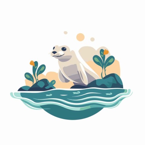 Cute seal in the sea. Vector illustration on white background.