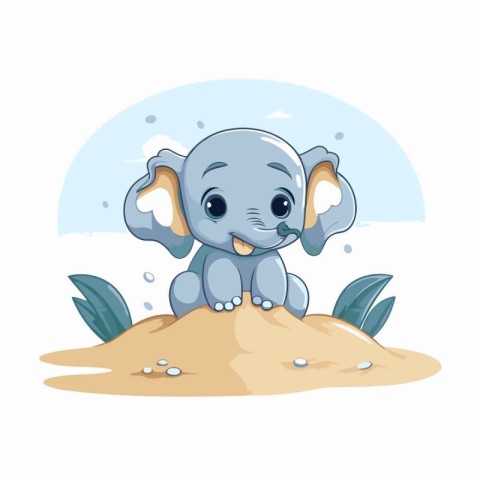 Cute baby elephant sitting on sand. Vector illustration isolated