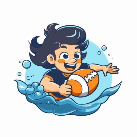 Boy playing american football in the sea. cartoon vector illustr