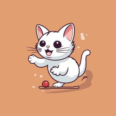 Cute cartoon white cat playing with a red ball. Vector illustrat