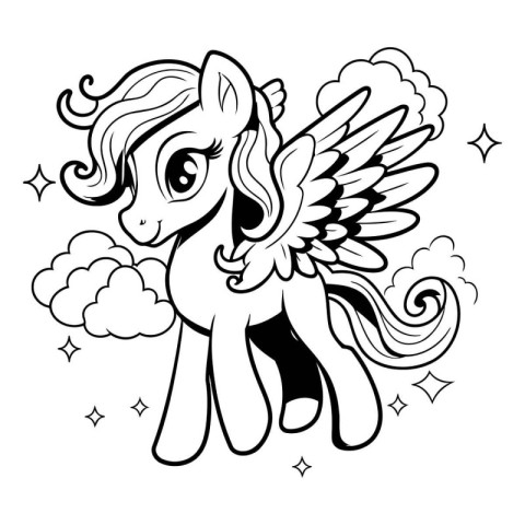 Black and White Cartoon Illustration of Cute Horse with Wings fo