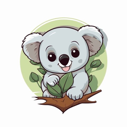 Cute cartoon koala in a tree with leaves. Vector illustration.