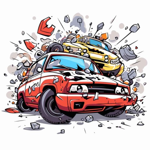 Cartoon car crash. Vector illustration of a car collision with a