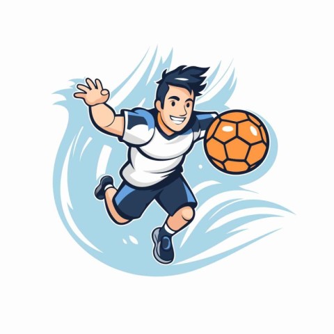 Cartoon soccer player jumping with ball. Vector illustration iso