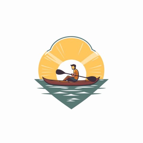 Man rowing on a boat on the sunset. Vector illustration.