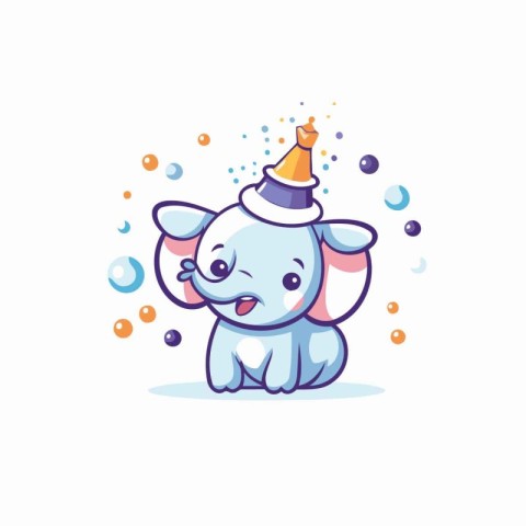 Cute elephant with party hat and bubbles. Vector cartoon illustr