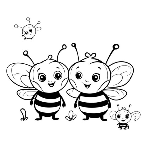 Cute cartoon bee and bee. Black and white vector illustration.