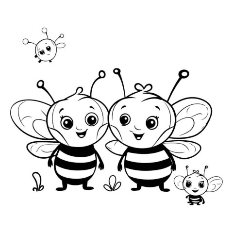 Cute cartoon bee and bee. Black and white vector illustration.