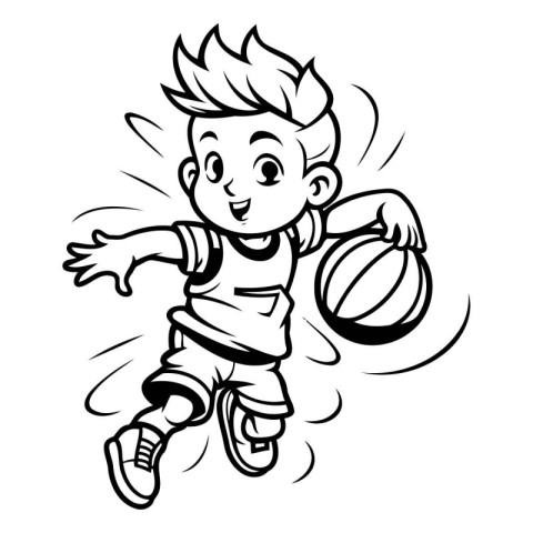 Black and White Cartoon Illustration of a Kid Playing Basketball