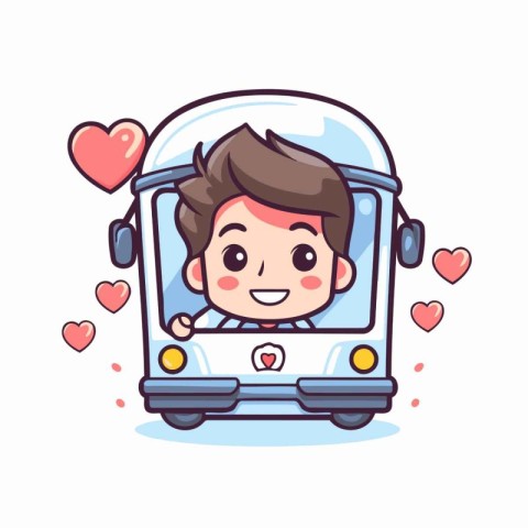 Cute boy in a bus. Vector illustration on white background.