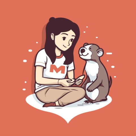 Illustration of a cute girl playing with her dog. Vector illustr