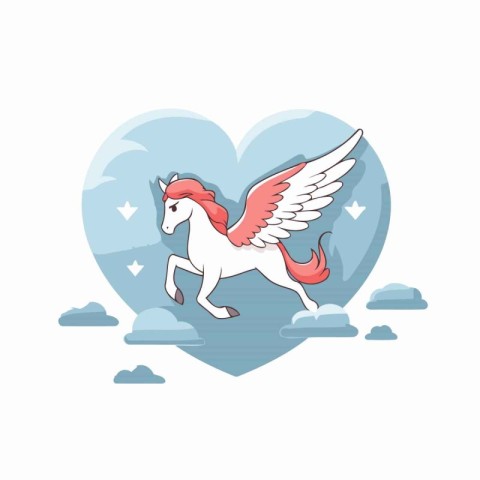 Heart shape with winged unicorn and clouds. Valentines day vecto