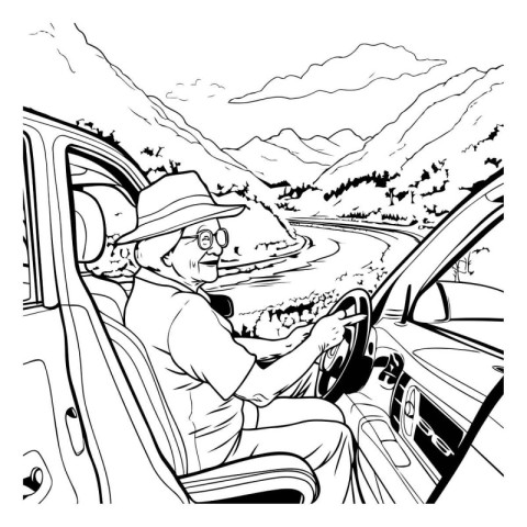 illustration of a man driving a car on a road in the mountains