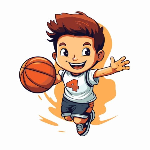 Cute boy playing basketball isolated on white background. Vector