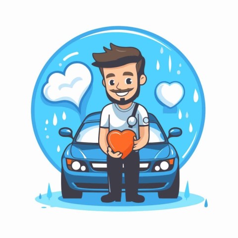 Cute cartoon man with heart and car. Vector character illustrati