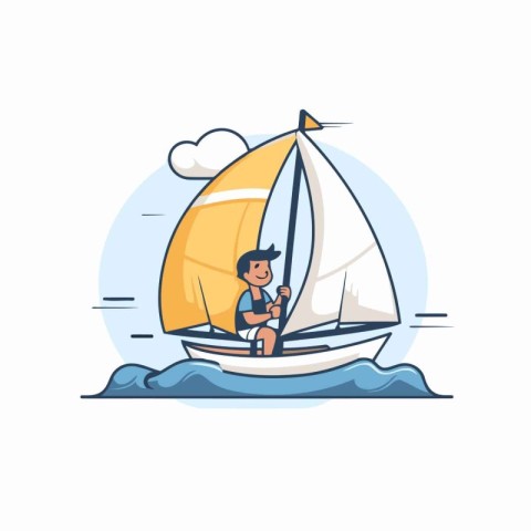 Man in sailboat. Yachting and sailing concept. Vector illustrati